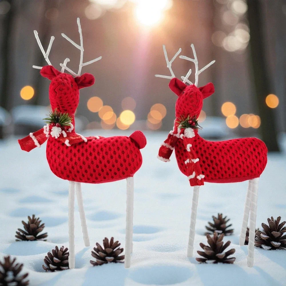 Christmas Holiday Santa's Reindeer, Red Crochet/Scarf, 17 H x 7 L, Set of 2